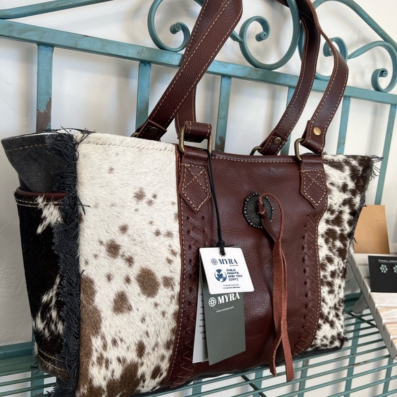 🌺New Myra Bag Canvas & Cowhide & Leather Tote satchel concho tassel western boho - Picture 13 of 15